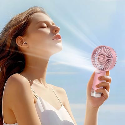 Draagbare Persoonlijke Vernevelingsventilator, Oplaadbare Hand Koelventilator, 3 Snelheden, Ideaal Voor Reizen, Strand & Kantoor, Roze