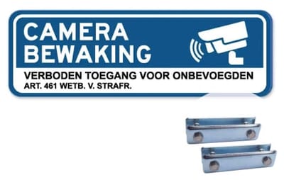 Bord Camerabewaking Verboden toegang - blauw - Weerbestendig Aluminium - 40x15 cm - Bevestiging: Met hekbeugels (voor spijlen- of gaashek)