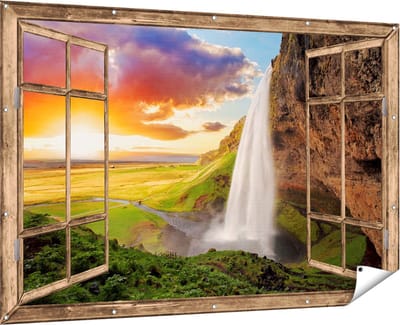 Gards Tuinposter Doorkijk Waterval in IJsland met Zonsondergang - 180x120 cm - Tuindoek - Tuindecoratie - Wanddecoratie buiten - Tuinschilderij