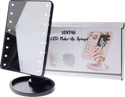 Make-up Spiegel Zwart - 16 LED's - Touchscreen - Dimbaar - Krasbestendig - 27 x 17 x 11.5 CM - Werkt op 4X AA batterijen - 180° Roterend - Incl Standaard - Compact