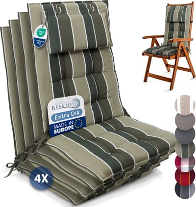 Beautissu Sun-HL – Set van 4 Premium Hoge Rugleuning Stoelkussen 120x50 cm – UV-bestendig – 8cm Dik – met Hoofdkussen & Bevestigingsbanden – Antislip – Groen Gestreept