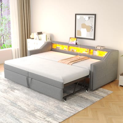 MODENUIT Gestoffeerd slaapbankbed 90x200cm – Uitschuifbaar tot 180x200cm – Led, USB en opbergvakken – Zonder matras – Lichtgrijs