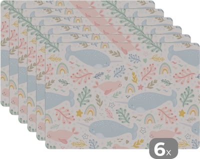 Placemat - Placemats kunststof - Narwal - Zeehond - Regenboog - Dieren - 45x30 cm - 6 stuks - Hittebestendig - Anti-Slip - Onderlegger - Afneembaar