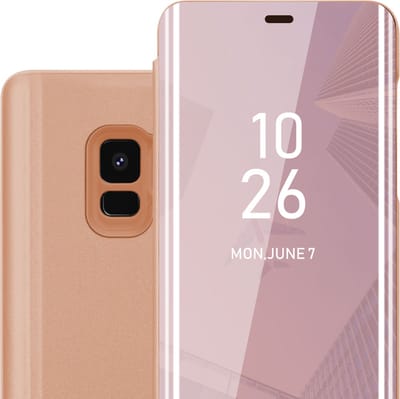 Cadorabo Hoesje geschikt voor Samsung Galaxy S9 in KUNZIET ROZE - Clear View Spiegel Beschermende Case met Tribunefunctie 360 Graden Bescherming Book Case Cover Etui