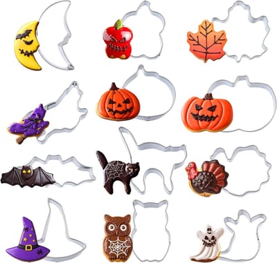 12 Stuks Mini Halloween Koekjesuitsteekvormen van RVS voor Halloween Bakken met Pompoen, Spook en Kat Motieven