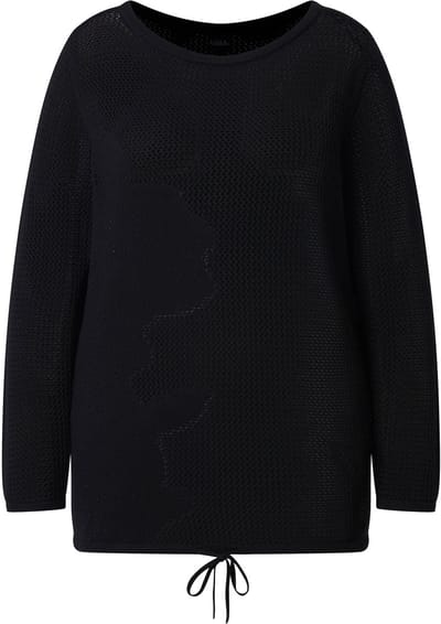 Ulla Popken - Dames - Trui bloemen boothals zoomband lange mouwen - Zwart - Maat 42+