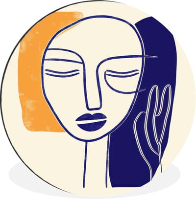 WallCircle - Wandcirkel - Muurcirkel - Minimalistisch - Gezicht - Hand - Oranje - Blauw - Aluminium - Dibond - 30x30 cm - Binnen en Buiten