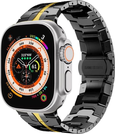 Stravo Premium RVS Schakelband met Vlindersluiting – Iron Style Metalen Horlogebandje – Geschikt voor Apple Watch 42mm (Series 11/10), 41mm (Series 9/8/7), 40mm (Series 6/5/4/, SE 1/2/3), 38mm (Series 3/2/1) – Zwart/Goud