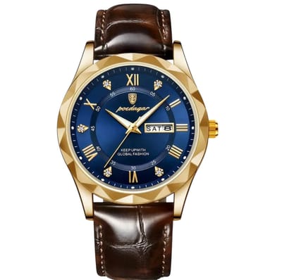 Poedagar Mpariz Herenhorloge - Leren Band - Polshorloge - Heren - Horloge - Horlogedoos - Mannen - Goud en Blauw - Polsband Bruin