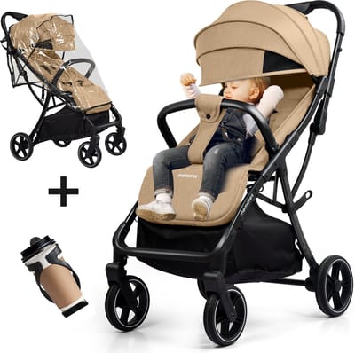 Memores Plooibuggy Taupe - Buggy Inklapbaar - Inclusief Regenhoes en Bekerhouder - Peuter - Extra licht & Compact voor Vliegtuig, Auto & OV - Extra Veilig en Wendbaar door Grote Massieve Wielen - Tot 4 jaar - Kinderwagens - Wandelwagen - M1