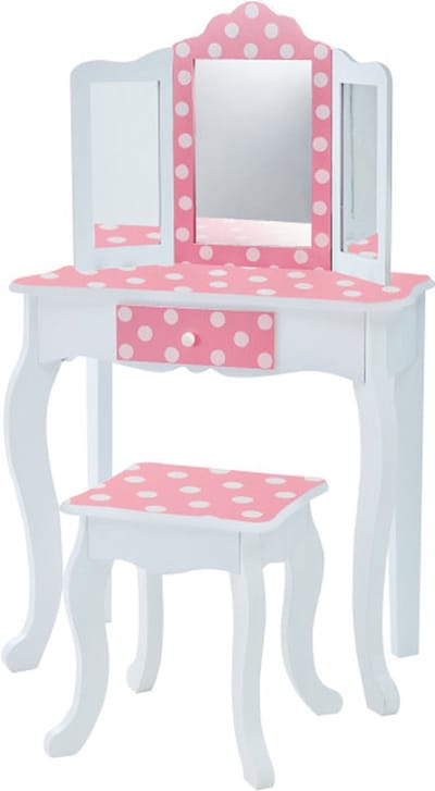 Teamson Kids Kaptafel en Stoel Voor Kinderen - Houten - Polka Dot - Roze/Wit