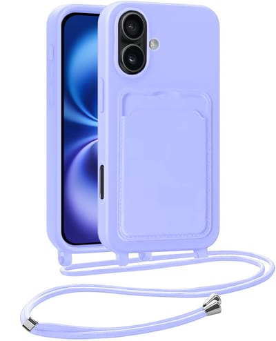 Hoesje Geschikt voor iPhone 16 Plus Hoesje Met Telefoonkoord en Pasjeshouder Siliconen - Hoes Geschikt voor iPhone 16 Plus Hoesje Met Kaarthouder Case - Lila