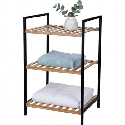 Cheqo® Handdoekenrek voor Badkamer - Bamboe en Metaal - Vrijstaand Staand - Handdoekhouder - Handdoekrek - Opbergrek met 3 Etages - Badkamerrek Zwart - Keukenrek - Handdoekenhouder - Badkameraccessoire - Stellingkast - Badkamermeubel