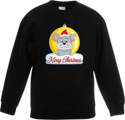 Kersttrui Merry Christmas muis kerstbal zwart jongens en meisjes - Kerstruien kind 98/104