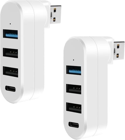 2 stuks mini USB 3.0 hub-adapter (1x 3.0, 2x 2.0, 1x Type-C), 4-poorts splitter draaibaar 180°, snelle uitbreiding voor laptop, flashdrive, mobiele harde schijf, MacBook (wit)