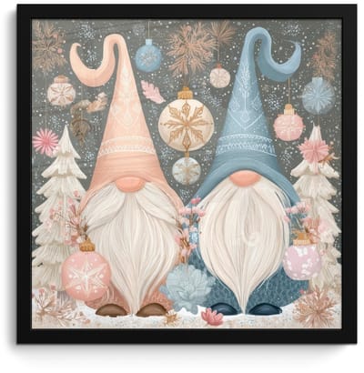Poster in lijst - Fotolijst 40x40 cm - Posters - Kerst - Gnomen - Pastel - Posterlijst zwart - Decoratie - Wanddecoratie woonkamer - Muurdecoratie slaapkamer - Kerstversiering - Kerstdecoratie voor binnen - Kerstmis