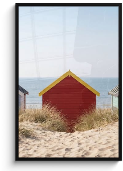Poster in lijst - Fotolijst 80x120 cm - Posters - Strand - Huisjes - Kleurrijk - Duinen - Posterlijst zwart - Decoratie - Wanddecoratie woonkamer - Muurdecoratie slaapkamer