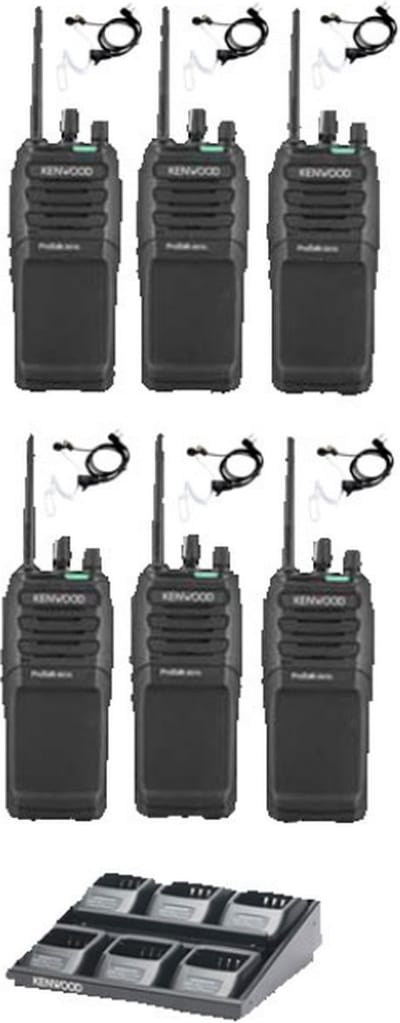 Set van 6 Kenwood TK-3701D IP55 Portofoon met multilader en beveiliging headsets