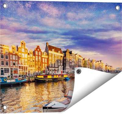 Gards Tuinposter Amsterdamse Gracht in de Nacht met Sterren - 50x40 cm - Tuindoek - Tuindecoratie - Wanddecoratie buiten - Tuinschilderij