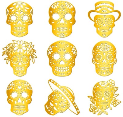 Dailygoods- Doodskop Stickers - 9 Stuks - Gouden Zelfklevende Stickers - Waterdicht - Mexicaans Skelet - Decoratie - 4 cm x 4 cm - Decoratiestickers