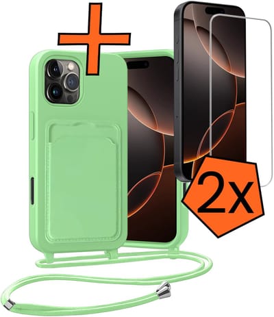 Hoesje Geschikt voor iPhone 16 Pro Hoesje Met Telefoonketting Pasjeshouder Case Met 2x Screenprotector Koord - Hoesje Geschikt voor iPhone 16 Pro Hoes Met Kaarthouder - Groen