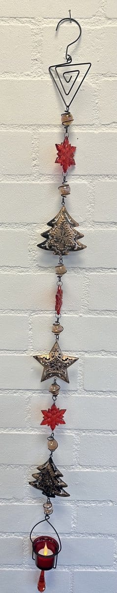 Deco theelichthouder "Kerst" met metalen ketting - Kerstster & Kerstboom - Zwarte ketting - koperkleurig + rood - lengte 105 cm - exclusief theelicht - Woondecoratie - Theelichthouder - Feestversiering - Kerst