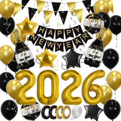 BTH - Happy New Year 2026 Feestpakket – Goud Zwart Decoratie Set – XL 2026 Cijfers – Complete Nieuwjaarsversiering