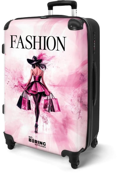 NoBoringSuitcases.com® - Koffer groot - Rolkoffer lichtgewicht - Fashion - Roze splash met modefiguur - Reiskoffer met 4 wielen - Reis trolley voor vrouwen - Grote valies XL - Bagagekoffer op wieltjes - 20 kg bagage - Ruimbagage middelgroot
