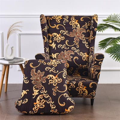 Housse de Chaise Haute à Dossier Imprimé Élastique 2 Pièces Forme Housse de Fauteuil à Oreilles Monoplace black