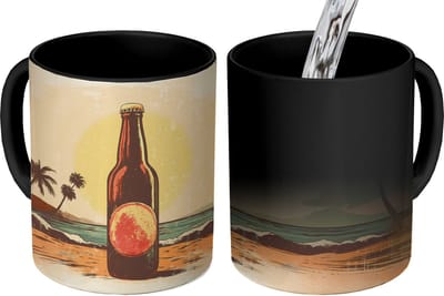 Magische Mok - Foto op Warmte Mokken - Koffiemok - Bierfles - Zonsondergang - Palmbomen - Zee - Magic Mok - Beker - 350 ML - Theemok