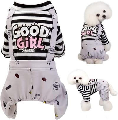 Oneay Hondenpakje, gestreepte puppypyjama, schattig honden- en kattenpakje, zacht katoenen shirt, kleding set voor huisdieren, geschikt voor kleine, middelgrote en grote honden en katten (grijs, maat M).