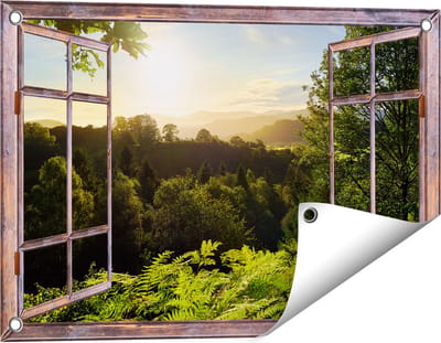 Gards Tuinposter Doorkijk Zonsondergang vanuit een Bos - 60x40 cm - Tuindoek - Tuindecoratie - Wanddecoratie buiten - Tuinschilderij