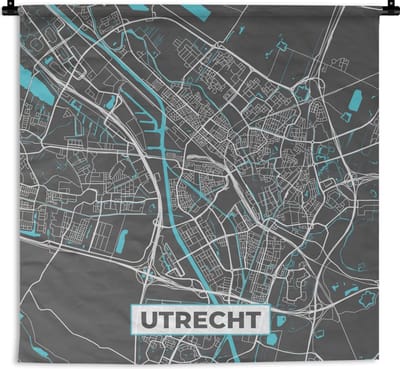 Wandkleed - Wanddoek - Plattegrond - Utrecht - Grijs - Blauw - 180x180 cm - Wandtapijt - Stadskaart