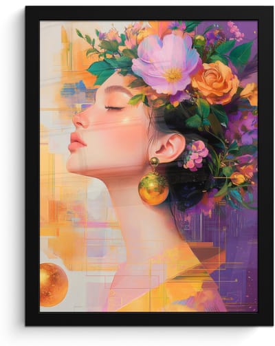 Poster in lijst - Fotolijst 30x40 cm - Posters - Abstract - Vrouw - Bloemenkroon - Goud - Posterlijst zwart - Decoratie - Wanddecoratie woonkamer - Muurdecoratie slaapkamer