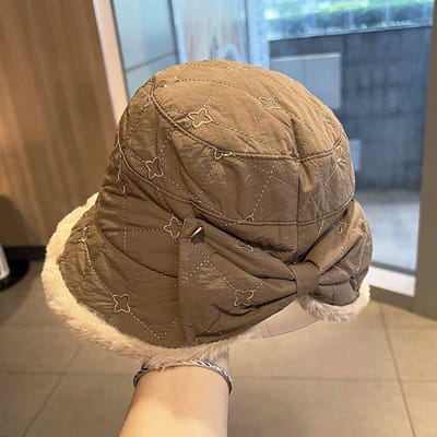 Chapeau de Pêcheur à Nœud Papillon pour Femmes en Hiver Mode Chaud Polyvalent Chapeau Rembourré en Coton 54-58cm beige
