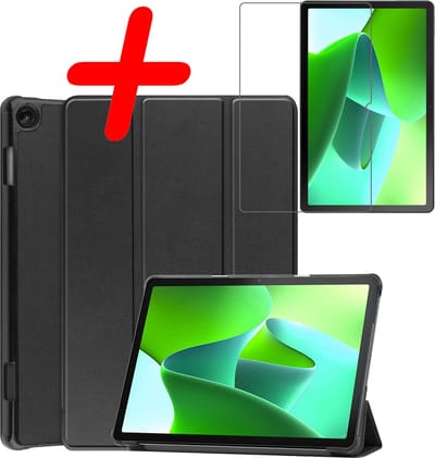 Hoesje Geschikt voor Lenovo Tab M10 (3e / 3rd generatie) - Met Screenprotector - Trifold Bookcase - Hard Cover - Hardcover Book Case - Tablet Hoes - Zwart