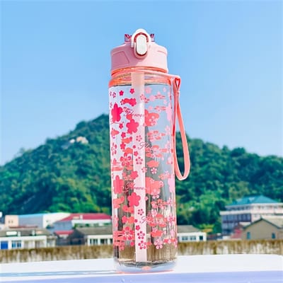 800ML Creatieve Trendy Bedrukte Ruimtebeker met een Draagband, Opklapbaar Deksel, Plastic Ontwerp, Stijlvolle Rietjes Waterfles, En Handige Beker. 800ML rood