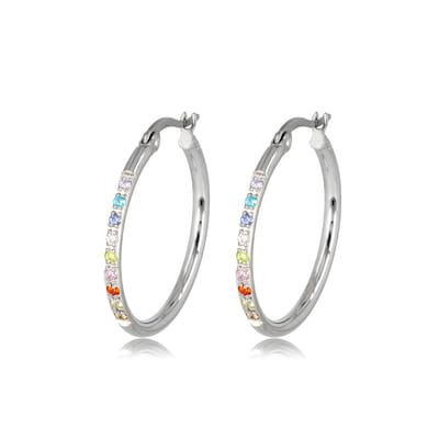 My Bendel - Zilverkleurige Oorbellen Gekleurde Zirkonia 25mm x 2mm - Sprankelende Zilverkleurige Oorringen met Kleurrijke Zirkonia - met Luxe Cadeauverpakking | Sieraden Voor Dames