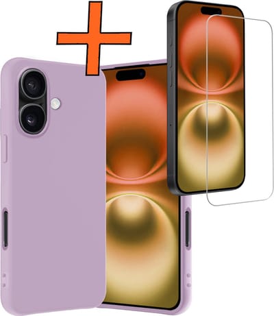 Hoes - Met Screenprotector - Geschikt voor Apple iPhone 16 - Sterk & Shockproof - Back Cover - Siliconen Case - Telefoon Hoes - Lila