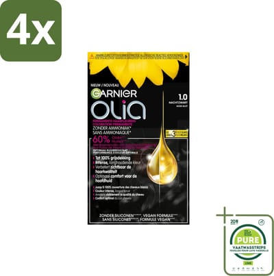 Garnier - Olia 1 - Haarkleuring - Zwart - Zonder Ammoniak - Intense Langhoudende Kleur - 100% Grijsdekking - Voordeelverpakking - 4 stuks - Permanente haarkleuring - Haarkleur zonder ammoniak