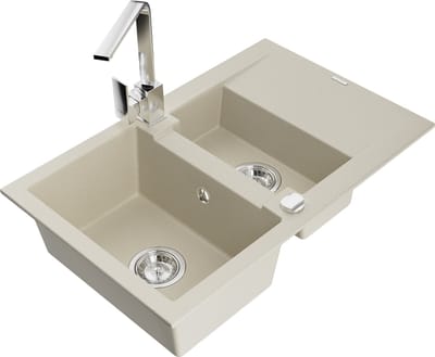 Mexen Gaspar granieten gootsteen 1,5-komors met druiprek en keukenkraan Rita, beige - 6507-69-670300-00