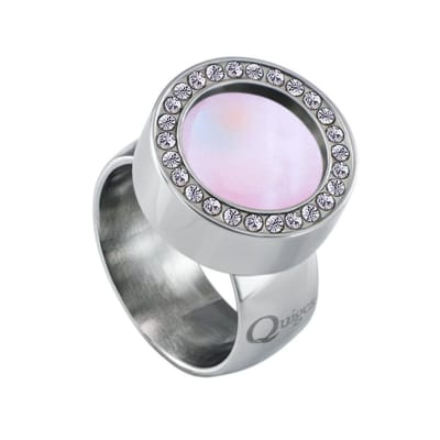 Quiges RVS Schroefsysteem Ring met Zirkonia Zilverkleurig Glans 16mm met Verwisselbare Roze Schelp 12mm Mini Munt