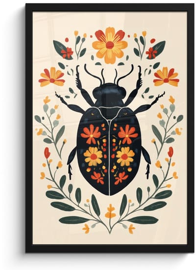 Poster in lijst - Fotolijst 40x60 cm - Posters - Bloemen - Oranje - Planten - Sierlijk - Posterlijst zwart - Decoratie - Wanddecoratie woonkamer - Muurdecoratie slaapkamer