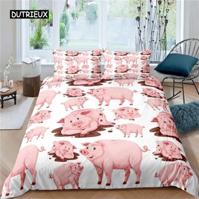 Schattig Varken Dekbedovertrek Kawaii Varken Beddengoed Set Polyester Varkens Bloemen Dekbedovertrek Twin King voor Tiener Jongen Meisje Cadeau Kamer Decor AU Single(140x210cm)