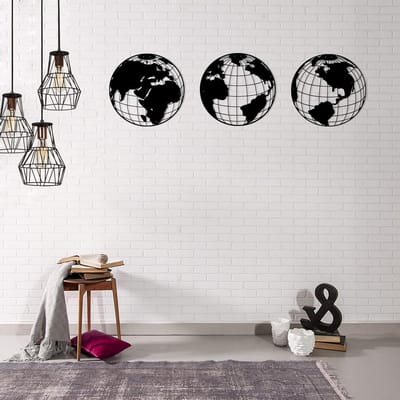 Wanddecoratie Wereldkaart - Muurdecoratie Kaart - Woonkamer Inrichten - Koudgewalst Staal - 140 x 41 cm - Zwart