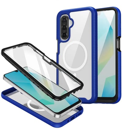 Hoesje met Ingebouwde Screenprotector Geschikt voor Samsung Galaxy A17 | Compatibel met MagSafe / Qi2 | Full Protect Valbescherming | Schokbestendige Beschermhoes | Doorzichtig / Blauw