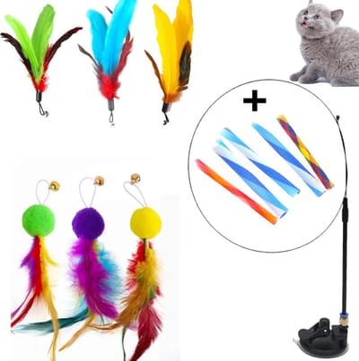 Kattenhengel met zuignap - 12 delig - Bewegende Kattenspeeltjes met Veren en Belletjes -Interactieve Kattenspeelgoed Voor Kittens – Cat Toys - katten hengel
