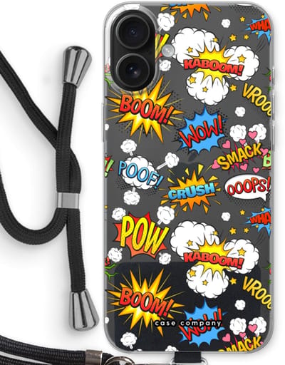 Case Company® - Hoesje met koord geschikt voor iPhone 16 Plus hoesje met Koord - Pow Smack - Telefoonhoesje met Zwart Koord - Bescherming aan alle Kanten en Over de Schermrand