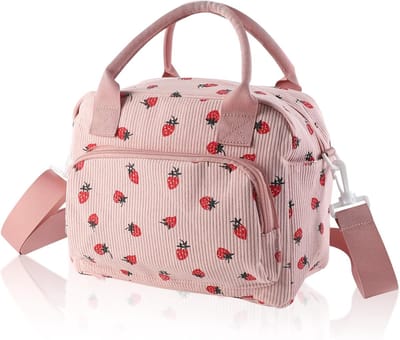 Thijox - Koeltas klein 15L voor picknick en werk, corduroy met 4 buitenzakken, verstelbare schouderriem, roze aardbeien, lunchtas voor dames en heren
