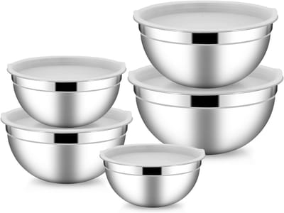 Set van 5 RVS Mengkommen met Deksel, Ideaal voor Salades, Koken en Serveren, Transparant Design
